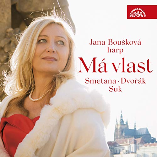 CD cover featuring blonde harpist Jana Bouskova with Prague cityscape.