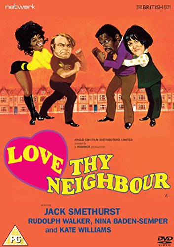 Caricature illustration of four people on an orange background with the title Love Thy Neighbour.