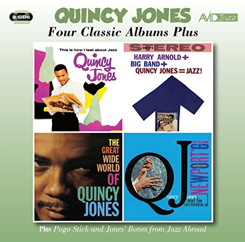 "CD cover with Quincy Jones' image and four album covers on a green background."