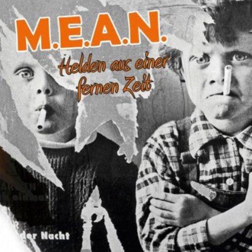 "Album cover with two black-and-white photos of men, torn paper effect, and orange text."