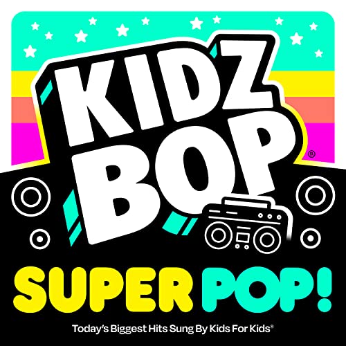 Kidz Bop Super Pop album cover with colorful text and cassette graphic.
