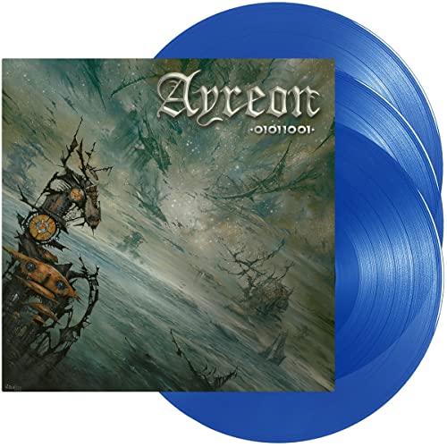 Ayreon "01011001" vinyl record with blue disc and steampunk-style cover art.