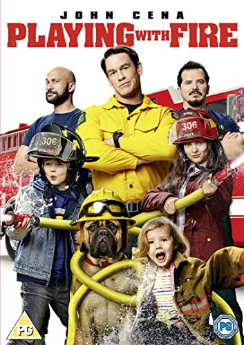 “Playing With Fire” DVD cover featuring John Cena and firefighters with children.