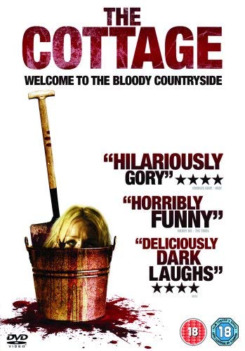 DVD cover for horror-comedy "The Cottage" featuring a bloodied bucket and shovel.