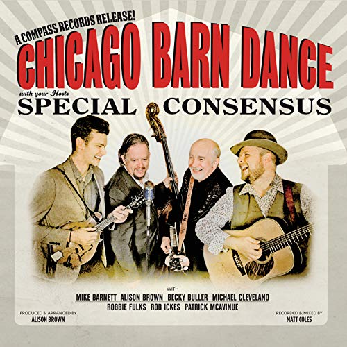 "Album cover featuring four men playing instruments with title 'Chicago Barn Dance' in red text."
