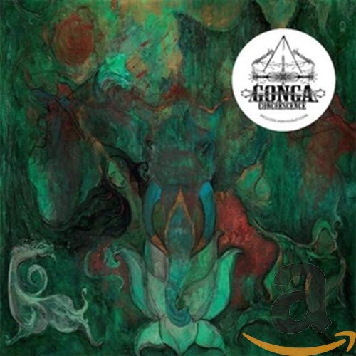 CD cover: abstract green and red painting with a white geometric logo.