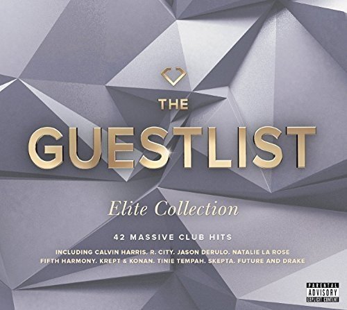 A gray geometric-patterned album cover with gold and white text, featuring "THE GUESTLIST" prominently.