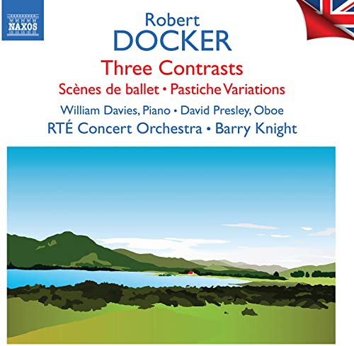 CD cover for Robert Docker’s orchestral works with a landscape background.