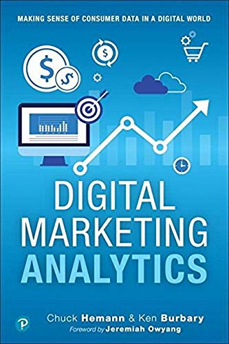 Book cover for Digital Marketing Analytics with icons of data, charts, and currency.