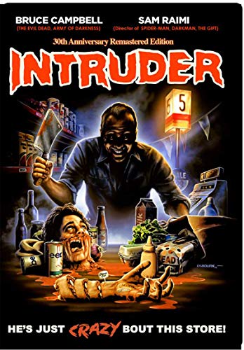 Horror movie poster for "Intruder" featuring a man with a knife and screaming victim.