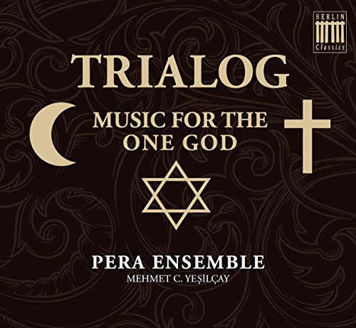 CD cover with dark background, symbols of three religions, and text "Trialog: Music for the One God".