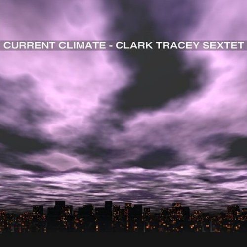 "Album cover with city skyline under a purple cloudy sky."