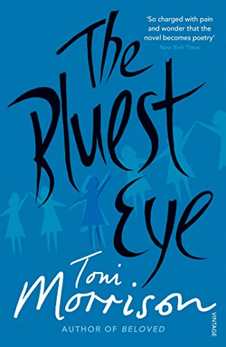 "The Bluest Eye" book cover with blue background, black title, and white author's name.