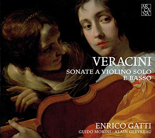 "CD cover with painting of two women and a violin, white text overlay."
