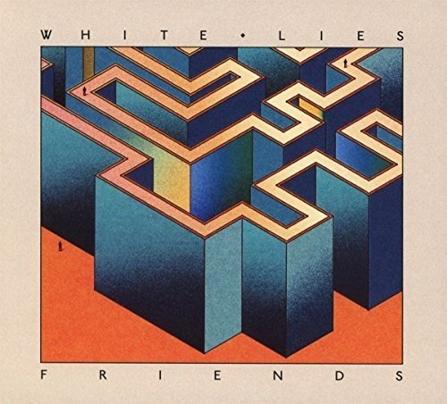 "Album cover with 3D maze design, 'White Lies - Friends' text on beige background."