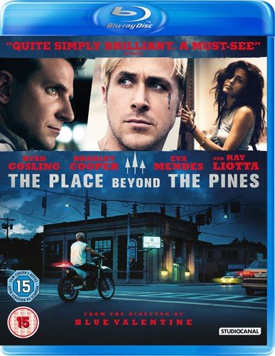 Blu-ray cover for The Place Beyond The Pines featuring three actors and a motorcyclist.