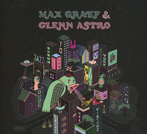 "Album cover featuring a cartoon cityscape with a green bird and neon signs."