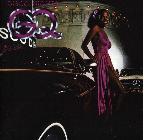 "CD cover featuring a woman in a purple dress beside a car."