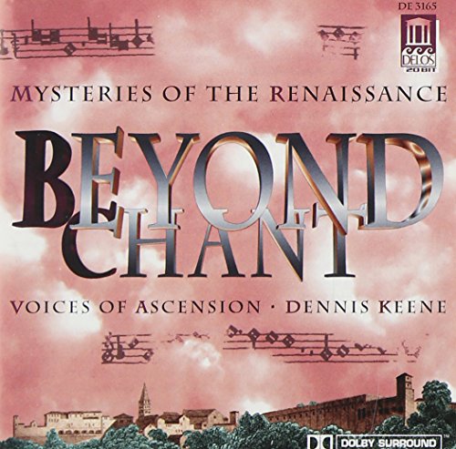 "CD cover with 'Beyond Chant' title, Renaissance artwork, and musical notation on pink background."