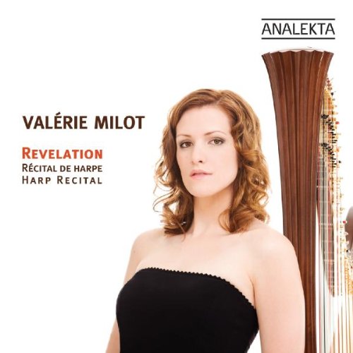 Woman in black top stands beside a harp on a white background, CD cover art.