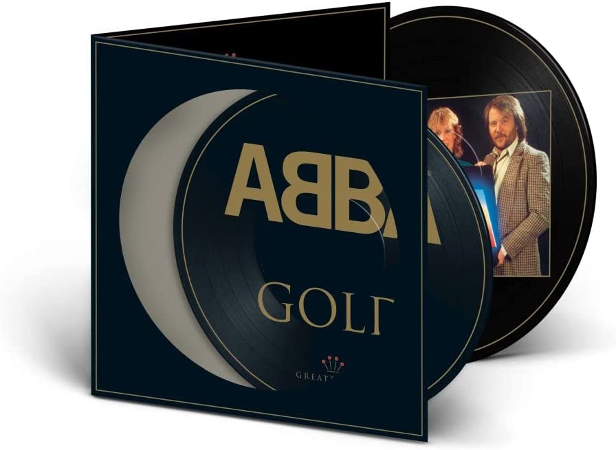 "Vinyl record and case with 'ABBA Gold' title and band members on the disc."