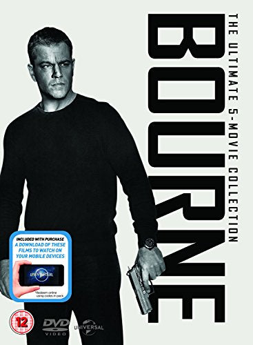 "Bourne DVD cover featuring a man in black holding a gun, grey background."
