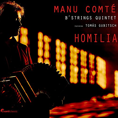 Man playing accordion, silhouetted against blurred orange lights on a dark background.