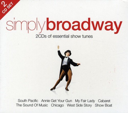 "CD cover with a dancing man, red title 'Simply Broadway' and musical names listed."