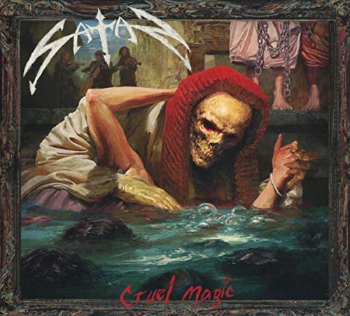 "Album cover art: skeleton in water, surrounded by people, with 'Satan' and 'Cruel Magic' text."