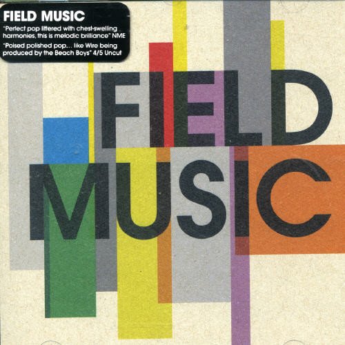 "Album cover with 'Field Music' in black text on multicolored rectangles, beige background."