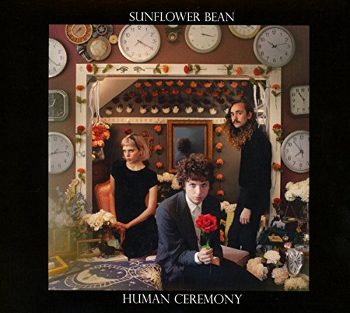 Album cover featuring three people surrounded by clocks and flowers in a room.