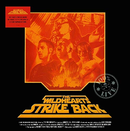 "Vinyl album cover with orange-toned band image and yellow text on black background."