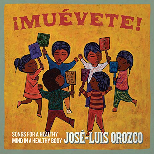 "CD cover art featuring cartoon children dancing and holding signs on a yellow background."