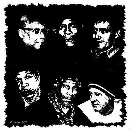 Black and white album cover featuring five men's portraits in a collage.
