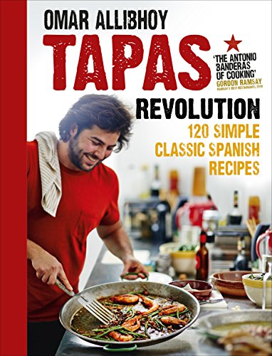 "Cookbook cover featuring a man cooking prawns in a pan, with title 'Tapas Revolution'."
