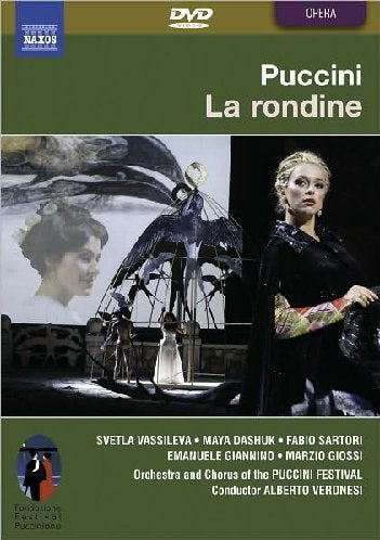 DVD cover for Puccini's "La Rondine" featuring a woman in a black dress on stage.