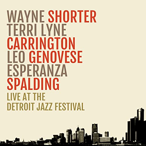 CD cover for Wayne Shorter’s “Live at the Detroit Jazz Festival” with city skyline.