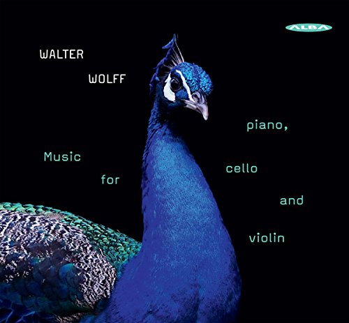 CD cover featuring a blue peacock with text about piano, cello, violin music.