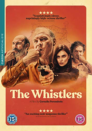 DVD cover for "The Whistlers" featuring four serious-faced people and a gun.