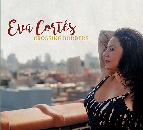 "Eva Cortes' album cover featuring a woman with tattoos on a balcony overlooking a city."
