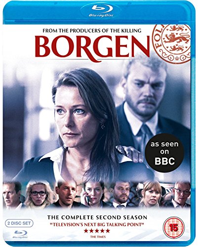 Blue Blu-ray case with "Borgen" title and main characters' images on the front cover.