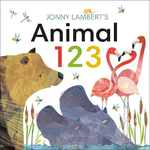 "Children's book cover featuring a bear, flamingos, and frogs with colorful numbers and insects."