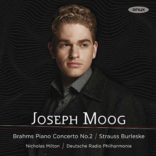 CD cover featuring portrait of pianist Joseph Moog against a dark, wavy background.