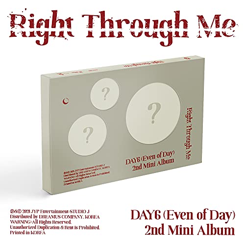 A gray CD case with three white circles and question marks, titled "Right Through Me".