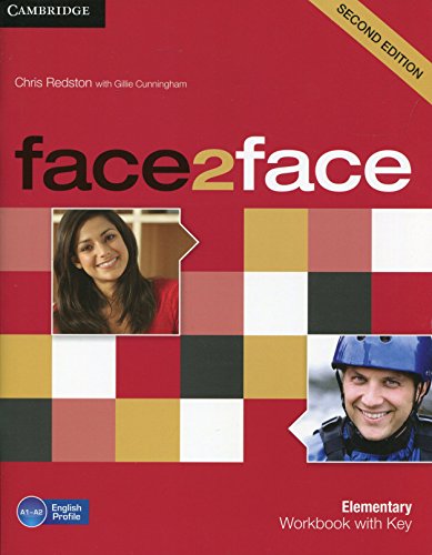 Red book cover with "face2face Elementary Workbook with Key" title, featuring two people's photos.