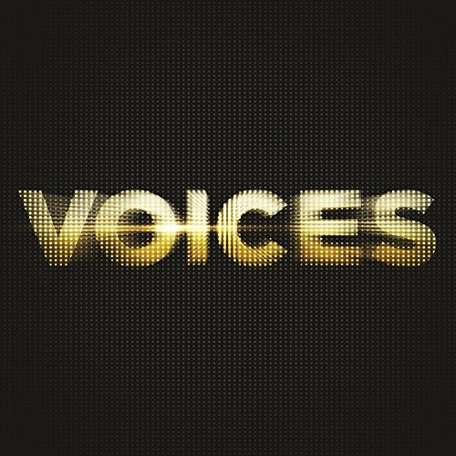 "Black background with 'VOICES' in yellow, pixelated font, resembling a sound wave pattern."