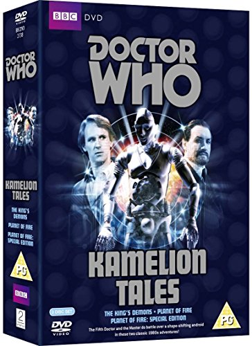 "Blue DVD case with 'Doctor Who' and 'Kamelion Tales' text, featuring three men and a robot."