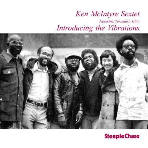 "Album cover with black-and-white photo of six musicians and red text on a white background."