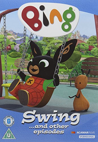 "Bing DVD cover featuring a cartoon rabbit on a swing with a smaller character."