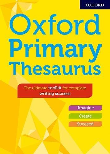 "Yellow book cover with 'Oxford Primary Thesaurus' in blue text and colorful tabs."